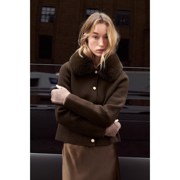 ZARA CARDIGAN WITH FAUX FUR COLLAR - Picture 1 of 8